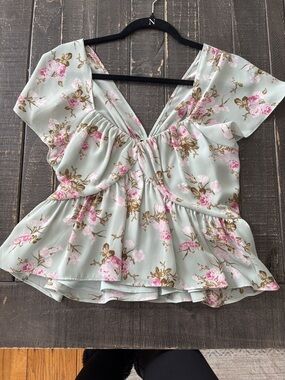 Express Twist-Front Peplum Blouse - Sage Green & Pink Floral